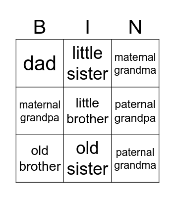 Family Members Bingo Card