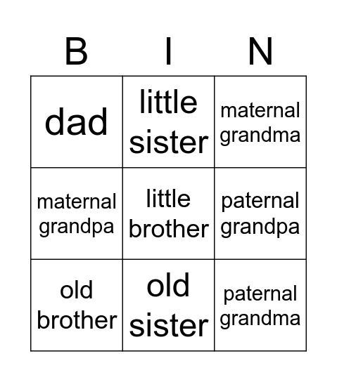 Family Members Bingo Card