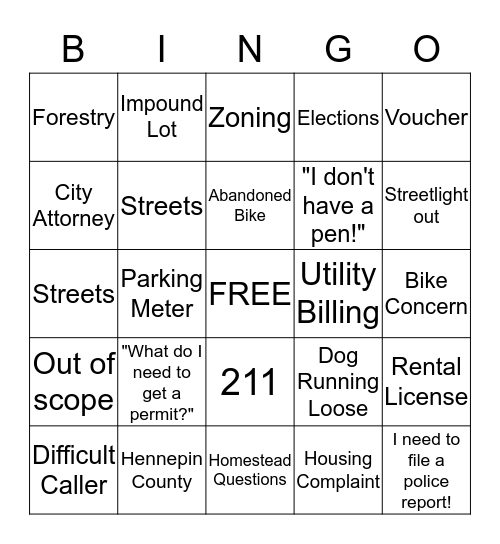 Minneapolis 311 Bingo Card