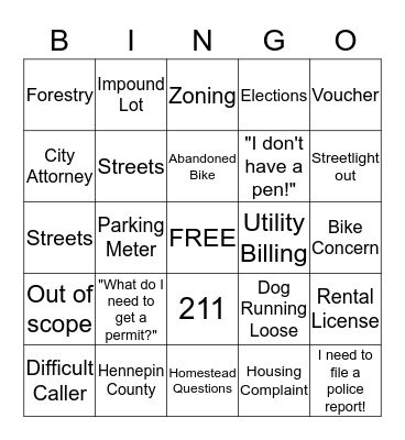 Minneapolis 311 Customer Service Week Bingo Card