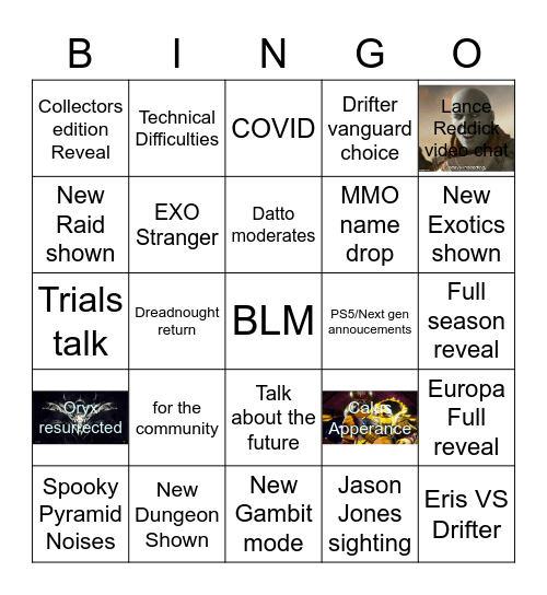 Destiny Stream Bingo Card