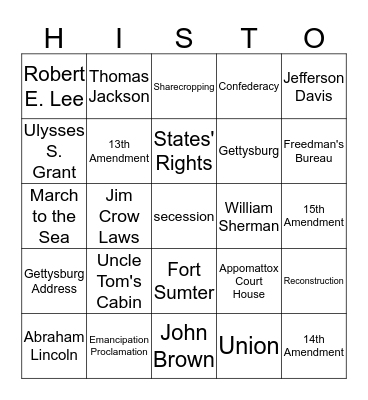 Civil War and Reconstruction Bingo Card