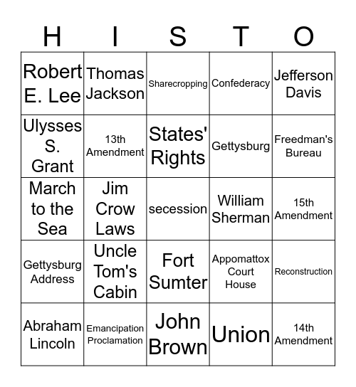 Civil War and Reconstruction Bingo Card