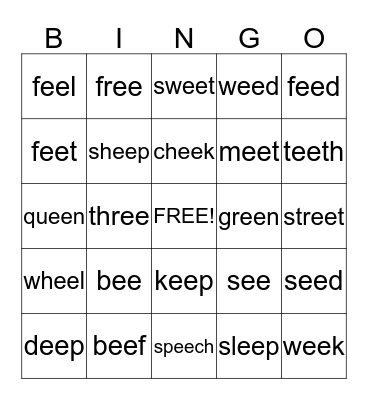 Long "e"    ee Bingo Card