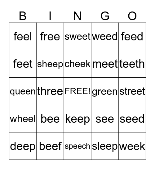 Long "e"    ee Bingo Card