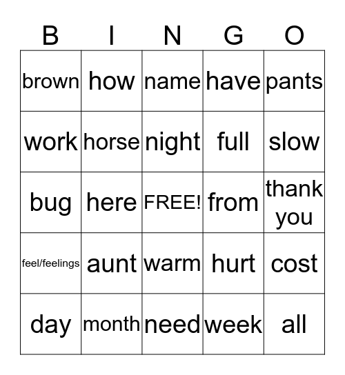 ASL Bingo Card