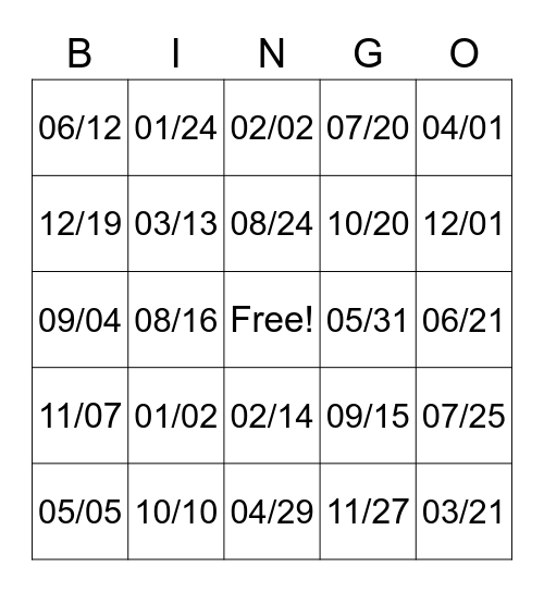 Dates Bingo Card