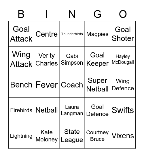 Netball Bingo Card