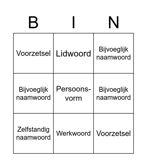 Woordsoorten Bingo Card