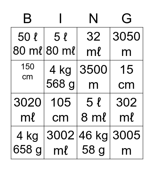Metric Unit Conversions Bingo Card