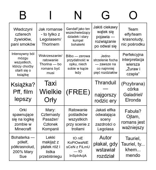 BAD HOBBIT FANFIC Bingo Card