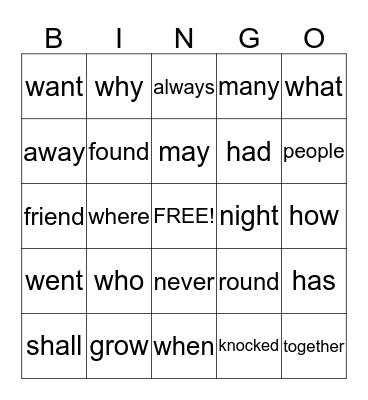 SIGHT WORD Bingo Card