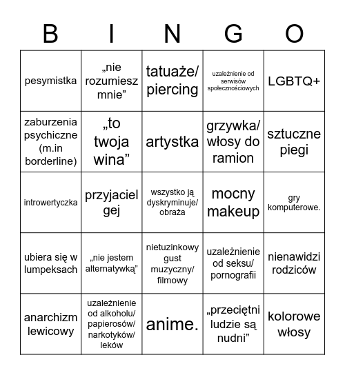 alternatywne bingo Card