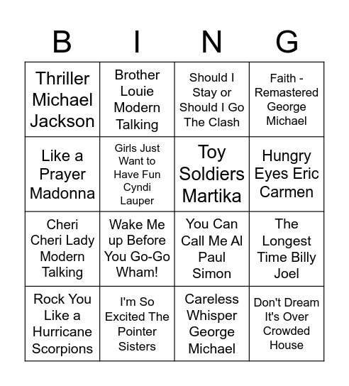 80'S Bingo Night Bingo Card