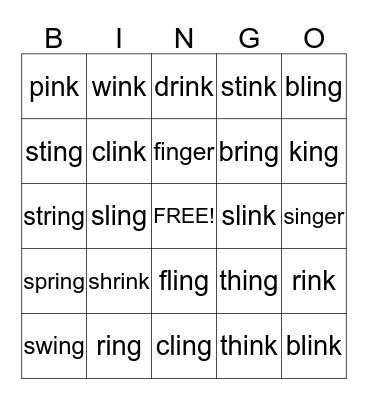 Words with ING and INK Bingo Card