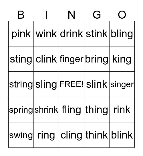 Words with ING and INK Bingo Card
