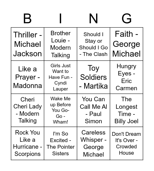 80'S Bingo Night Bingo Card