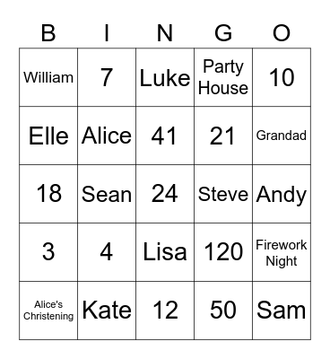 Family Bingo Night Bingo Card