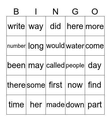 Fry's First 100 Words 2 Bingo Card