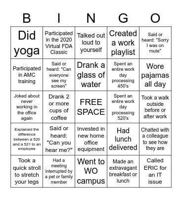 Remote Work Bingo Card
