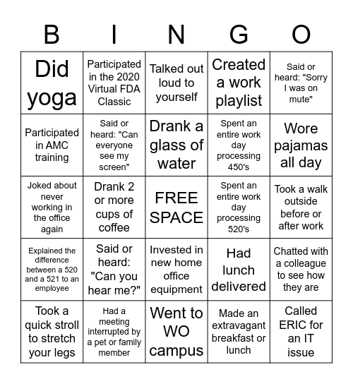 Remote Work Bingo Card