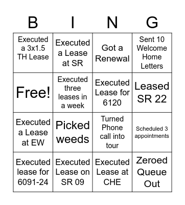 Leasing Bingo Card