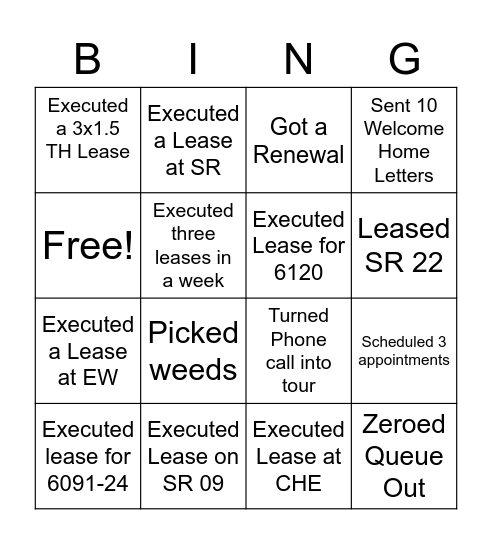 Leasing Bingo Card