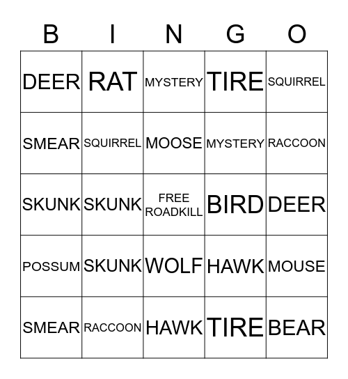 ROADKILL BINGO  Bingo Card