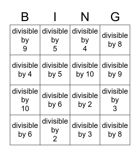 Divisibility Bingo Card