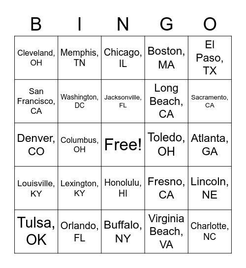 U.S. City Bingo Card