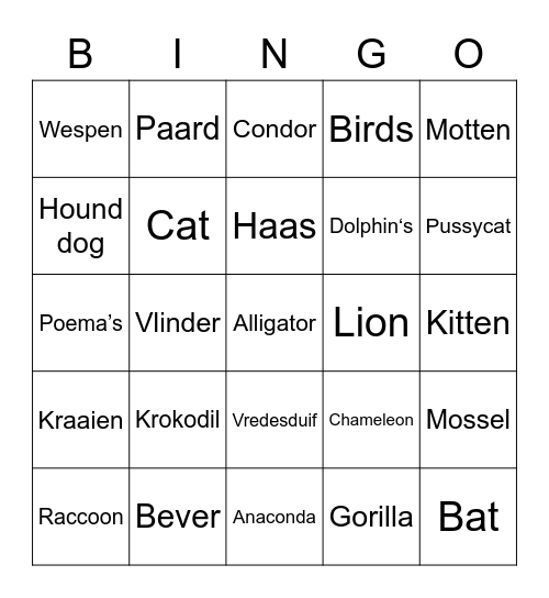 Muziekbingo thema dieren (moeilijk) Bingo Card