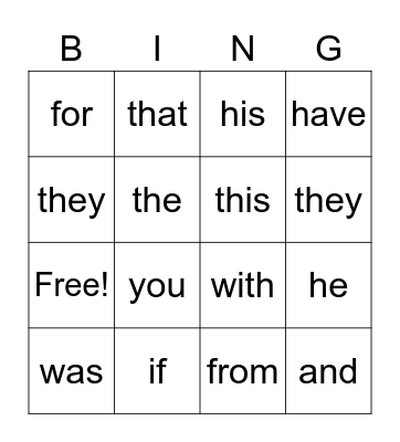 Heart Word List 3,4,5,6 Bingo Card
