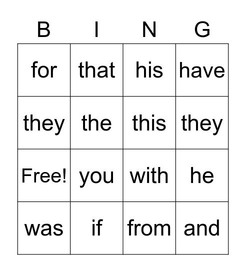 Heart Word List 3,4,5,6 Bingo Card