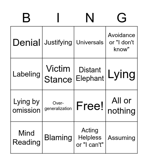 Thinking Error Bingo Card