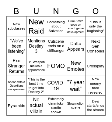 Year 4 VIDOC Bungie Bingo (Bungo) Bingo Card