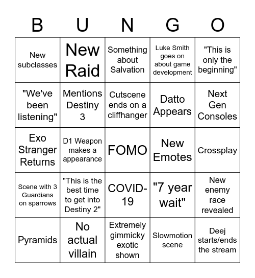 Year 4 VIDOC Bungie Bingo (Bungo) Bingo Card