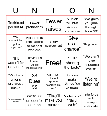PMA Anti-Union Bingo Card