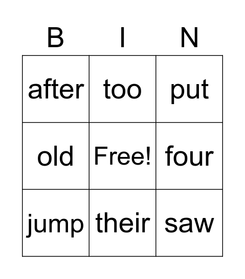 Sightwords Bingo Card