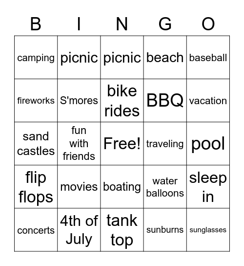 Summer time Bingo Card
