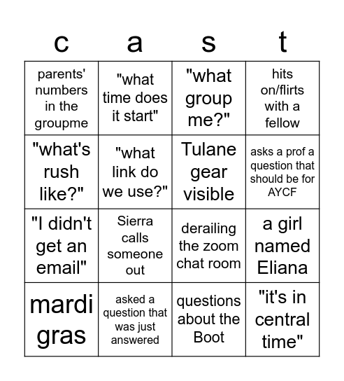 cast bingo Card