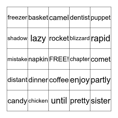 Syllables Bingo Card
