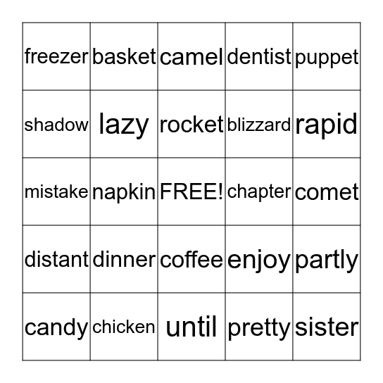 Syllables Bingo Card