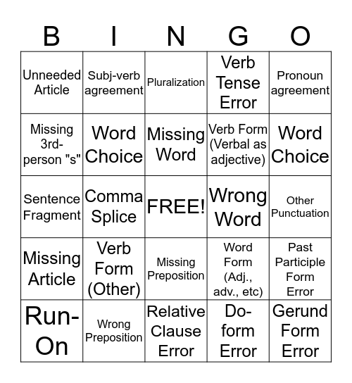 Grammar Error Bingo Card