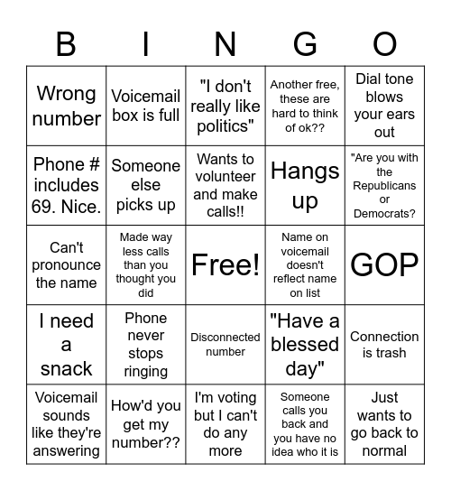 OT Call Time Bingo Card