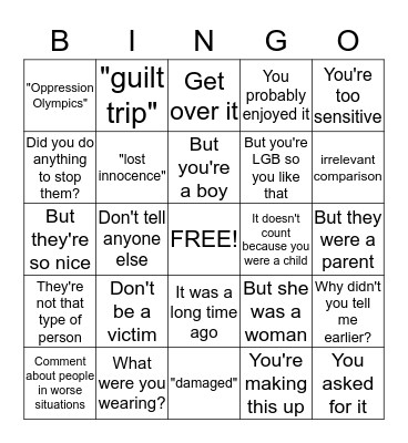 Sexual Abuse Survivor Bingo Card