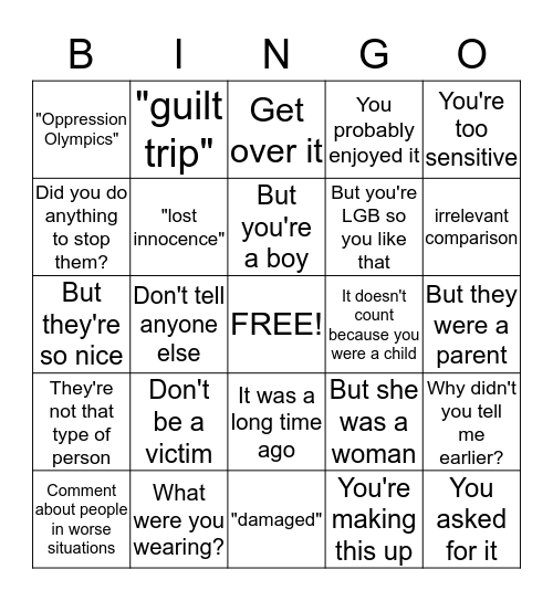 Sexual Abuse Survivor Bingo Card