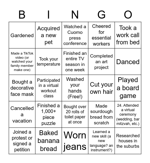 Quarantine Bingo! Bingo Card