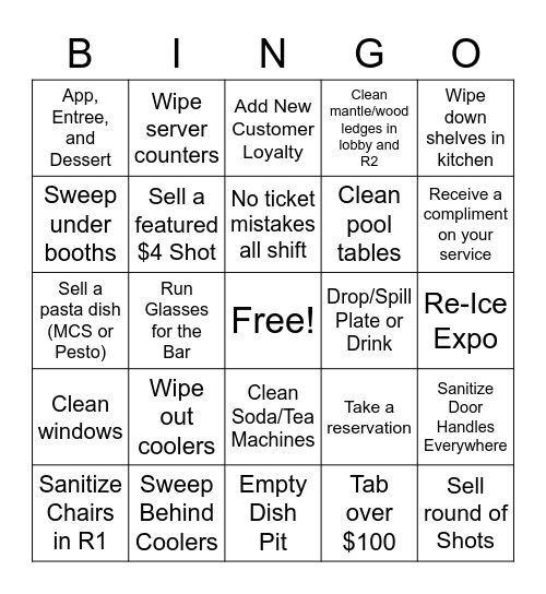 $10 Gift Card Server Bingo Card