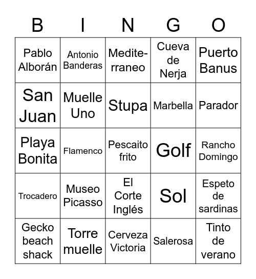 Bingo Costa del Sol Bingo Card