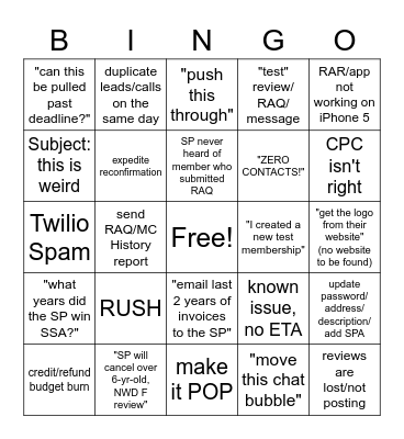 Coordinator Trigger Word Bingo Card